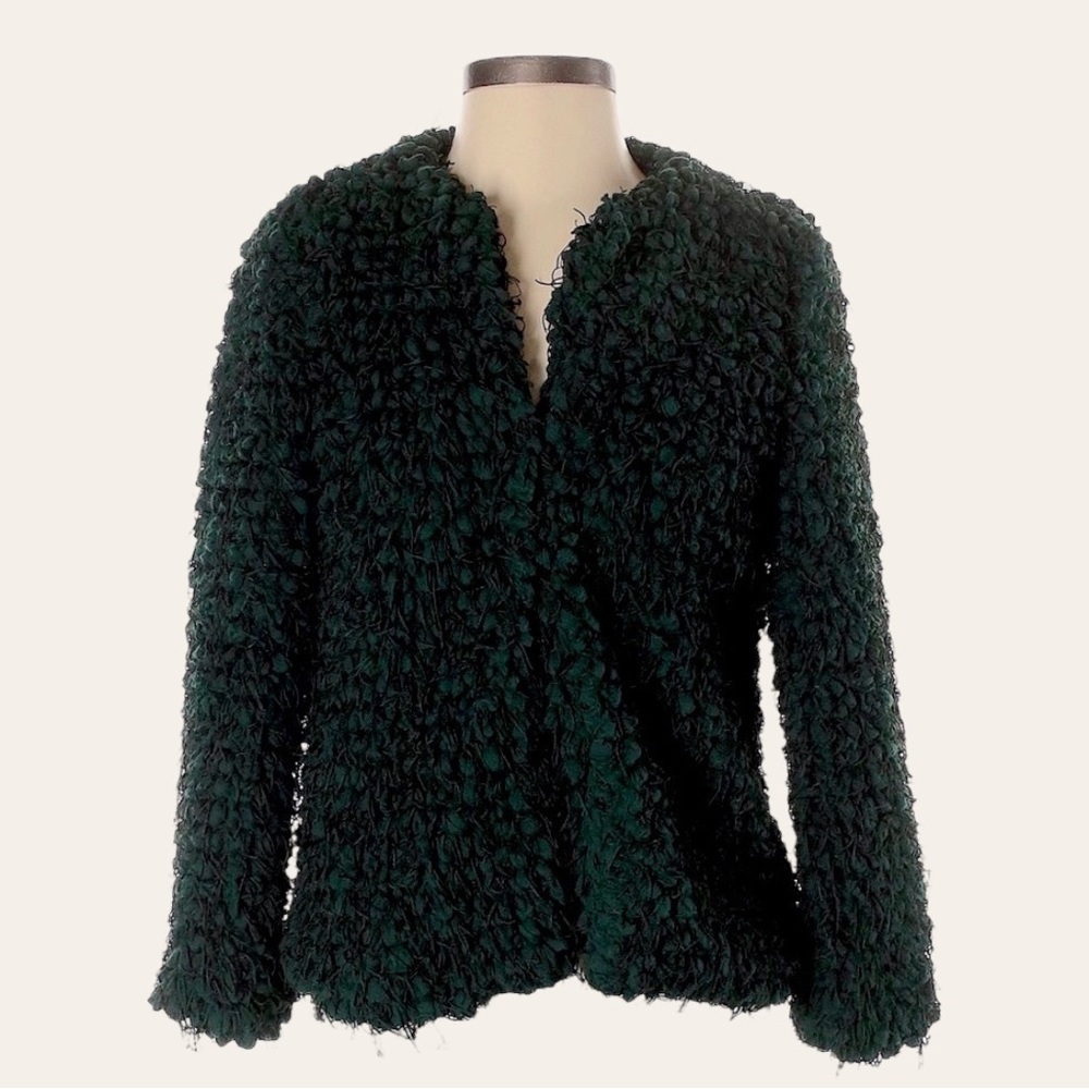 Zara Basic Green Loop Fringe Textured Jacket XS One Clasp Closure Statement Coat